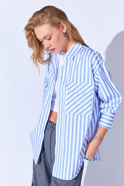 Manche Thick Striped Long Oversize Comfortable Fit Pocket Cotton Satin Textured Women's Shirt |   Blue Mks 167177 -01