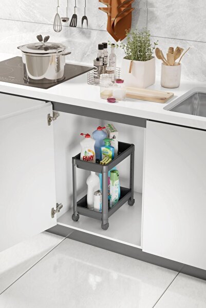 Bayev Maja 2 db szürke kerekes 2 szintes rendszerező konyhai polc fürdőszobai polc mosogató alatti mosószer tartó