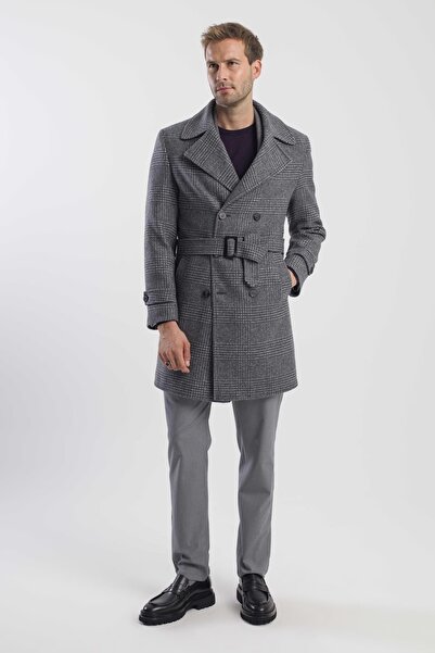 Jakamen Gray Slim Fit Sailor Collar Plaid Woolen Coat