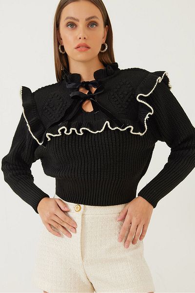 Bianco Lucci Damenpullover mit Rüschen und Schleifendetail