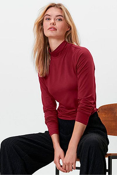 Tchibo Women High Neck Long Sleeve Plain Top, Maroon