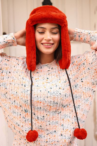 REMSA Red Women's Plush Hat - Fur and Headphones Rkş-04