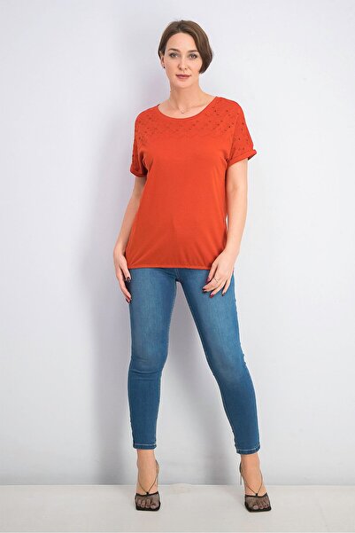 Tchibo Women Crew Neck Short Sleeved Plain Tops, Rust Red