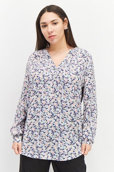 Esprit Women Split Neck Long Sleeve All Over Print Blouse, Navy Combo