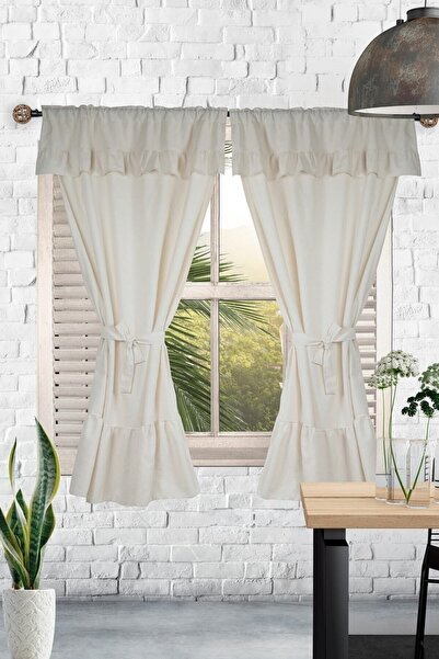 cotton maison Naturel Fırfırlı Perde Farbalı Vintage Çift Kanat Krem