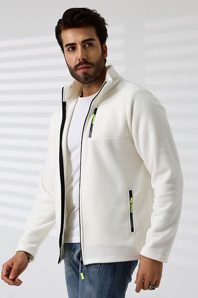 TİJA Men's Ecru Fleece Cardigan - Anti Pilling Non-Pilling Jacket with Zipper and Pocket