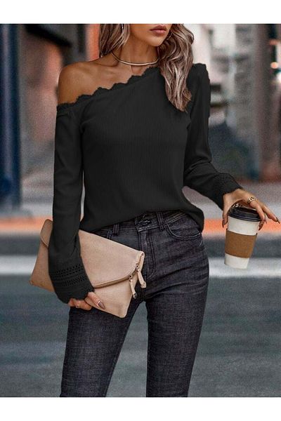 İpeksi Silky Women's Long Sleeve One Shoulder Open Ruched Twist Blouse