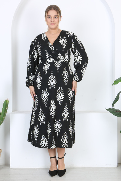 Madwilo Women's Black and White Motif Pattern Balloon Sleeve Double Breasted Collar Wrap Maxi Length Dress