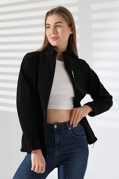 TİJA Black Fleece Cardigan - Anti Pilling Anti Pilling Jacket with Zipper and Pockets