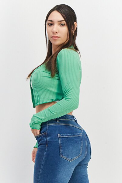 New Look Women Boat Neck Long Sleeve Textured Crop Top, Green