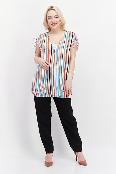 Samoon Women V Neck Tie Sleeve Striped Blouse, White