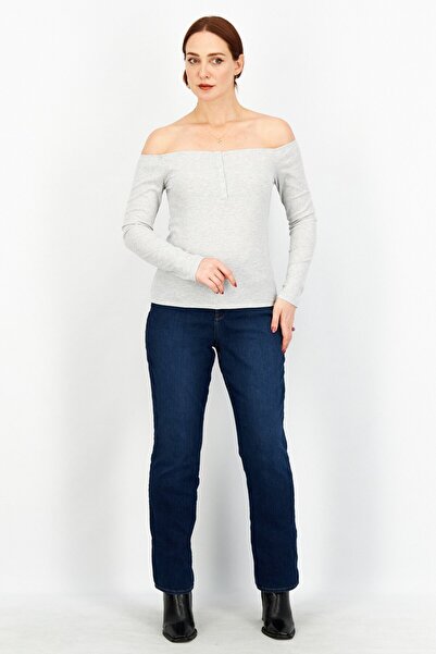 NA-KD Women Off Shoulder Long Sleeve Textured Top, Grey