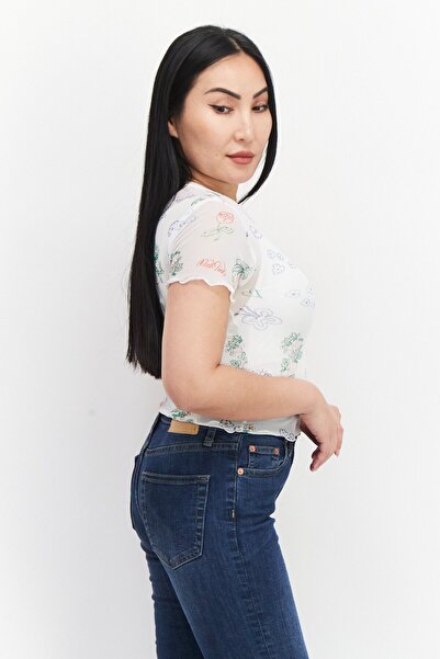 Misfit Women Floral Print Short Sleeve Net Top,white Combo