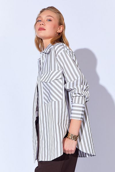 Manche Women's Long Oversize Cotton Satin Shirt - Thick Stripes, Pockets, Comfortable Fit |   Khaki Mks 167177 -01