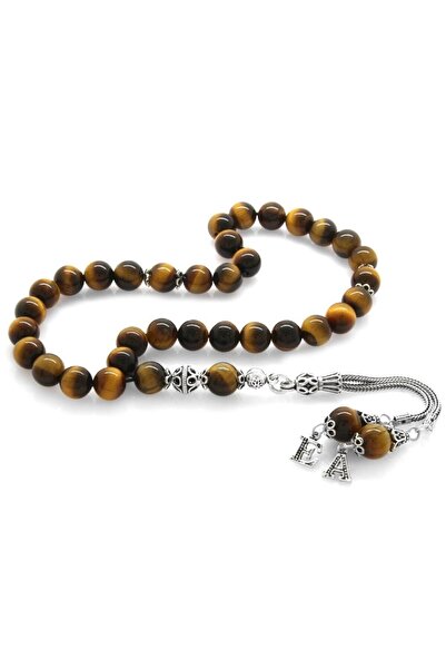 Tesbihane 925 Ayar Gümüş Çift Harf Püsküllü Küre Kesim Kaplangözü Doğaltaş Tesbih