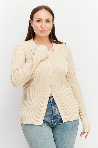 NA-KD Women Spread Collar Long Sleeve Ribbed Top, Beige