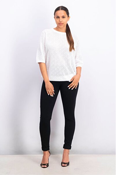 Tchibo Women Round Neck Elbow Sleeves Textured Mesh Top, White