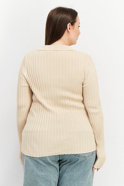 NA-KD Women Spread Collar Long Sleeve Ribbed Top, Beige