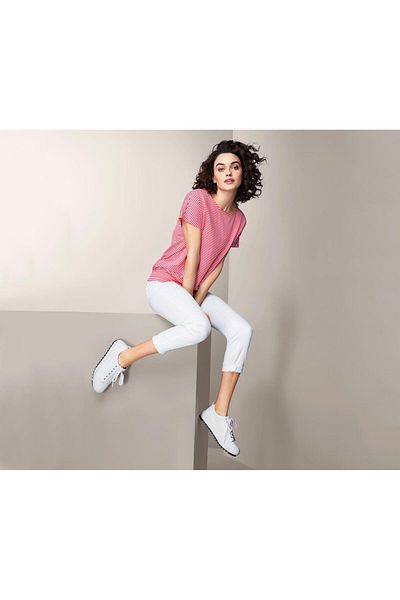 Tchibo Women Round Neck Stripe Short Sleeve Tops, White