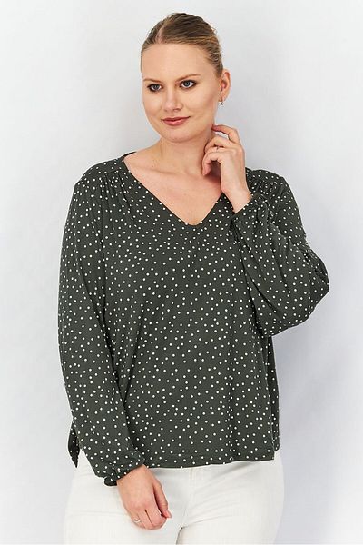 Tchibo Women V Neck Long Sleeves Polka Dot Top, Dark Green