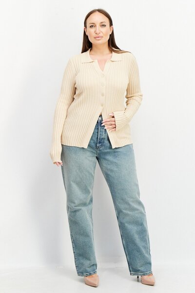 NA-KD Women Spread Collar Long Sleeve Ribbed Top, Beige