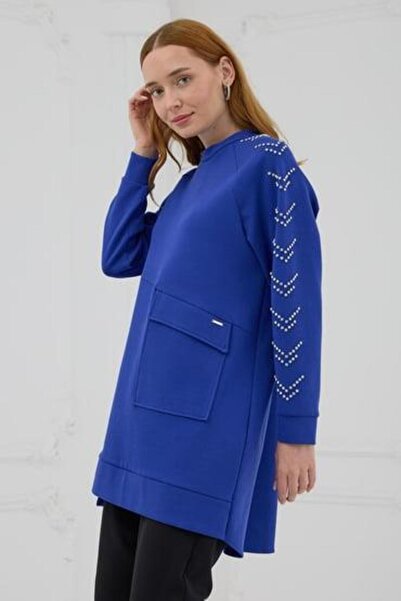 Moodbasic Kolları Çakma Taşlı Önü Cepli Sweatshirt - Saks