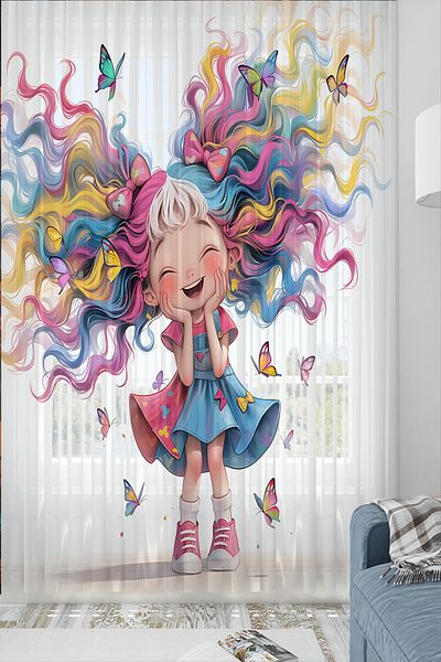 Else Dekor Drăguță Fată Colorată Cu Modele Camera Copiilor Tulle Cortina 140x260cm
