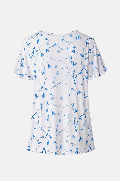 Tchibo Women Round Neck Short Sleeve Allover Print Top, White And Blue
