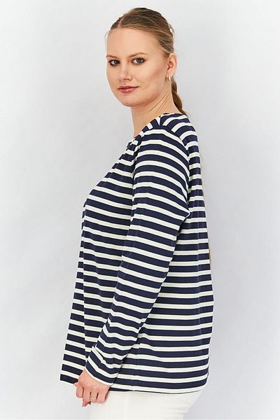 Tchibo Women Round Neck Long Sleeves Stripe Top, Navy