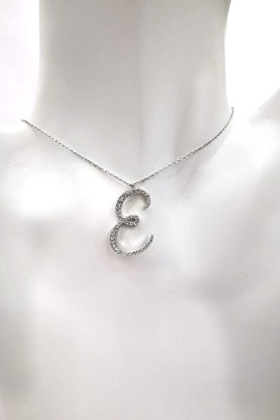Omar Silver Kadın Büyük Boy E Harf Kolye Zirkon Taşlı Gümüş Harfli Kolye