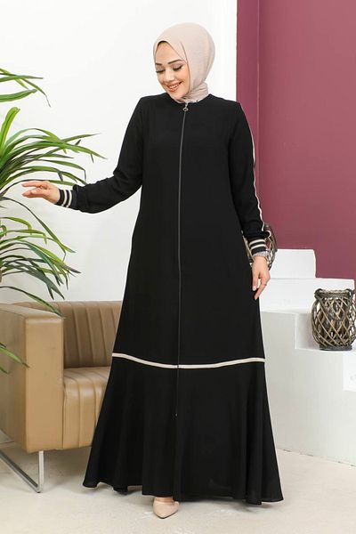 Nevayla Moda Λεπτομερής κορδέλα καρπού με ραβδώσεις Hijab Ferace - Μαύρο