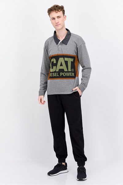 Caterpillar Men Sportswear Fit Long Sleeves Rugby Polo Shirt, Grey Combo