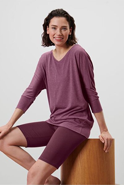 Tchibo بلوزة يوغا مريحة للنساء بأكمام 3/4، لون أرجواني