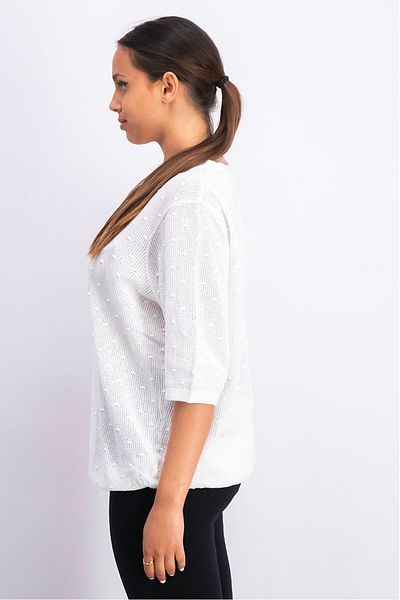 Tchibo Women Round Neck Elbow Sleeves Textured Mesh Top, White