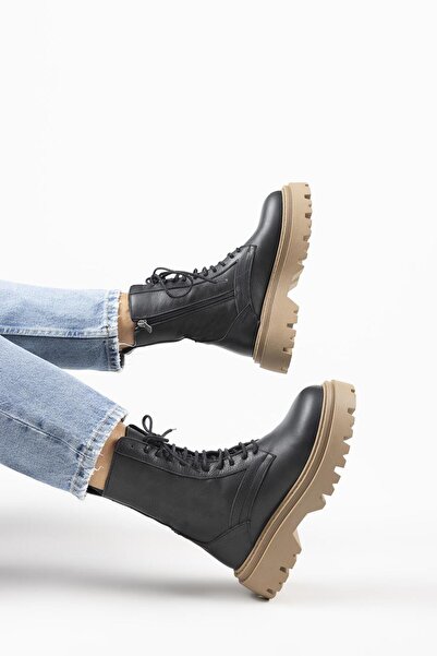 Manijero Diane Kadın Hakiki Deri Bağcıklı Siyah-Taba Bot