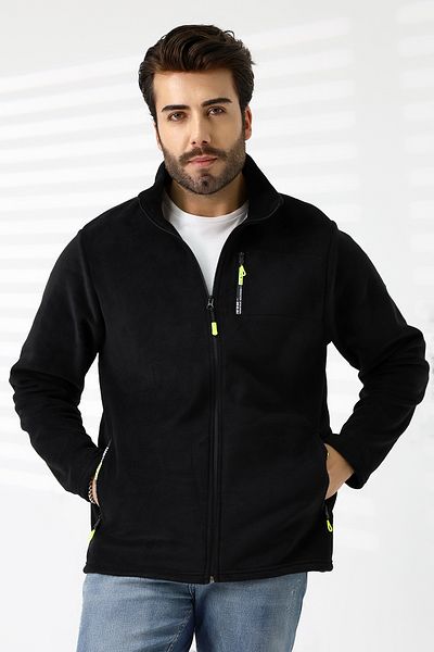 TİJA Men's Zippered Pocket, Black Fleece Cardigan, Jacket