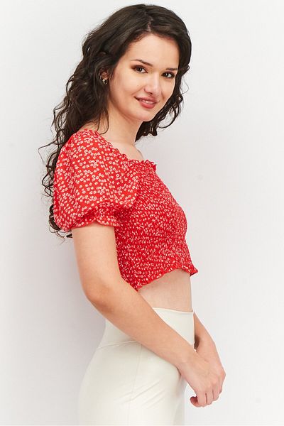 NA-KD Women Square Neck Short Sleeves Allover Print Crop Top, Red