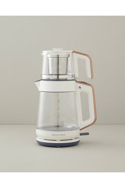 English Home ماكينة صنع الشاي والغلاية الزجاجية باللون الأبيض والنحاسي Cmk 6001
