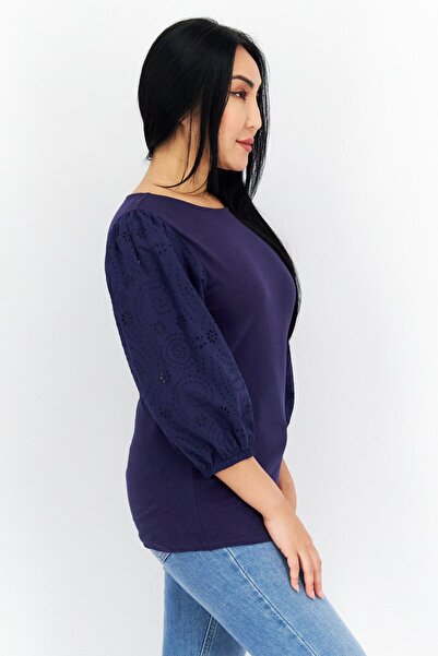 Tchibo Women Round Neck 3/4 Sleeve Plain Blouse, Navy