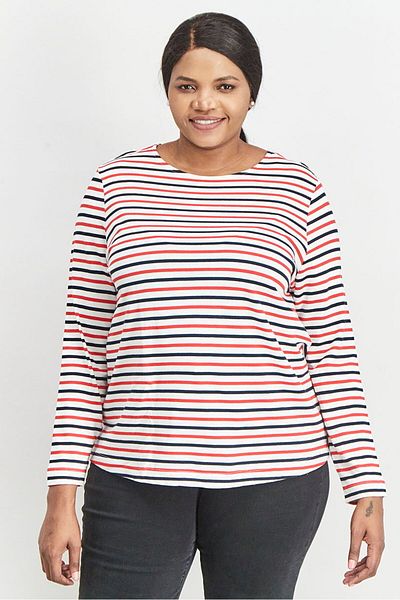 Tchibo Women Round Neck Stripe Long Sleeve Top, Red