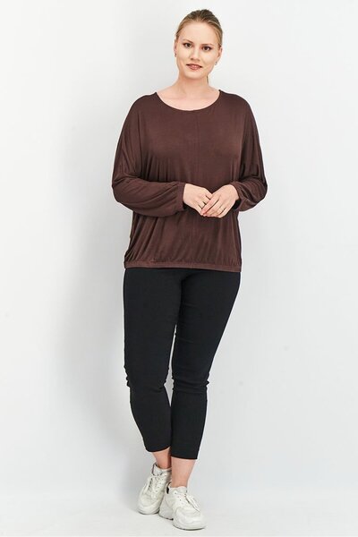 Tchibo Women Round Neck Batwing Sleeve Plain Top, Brown