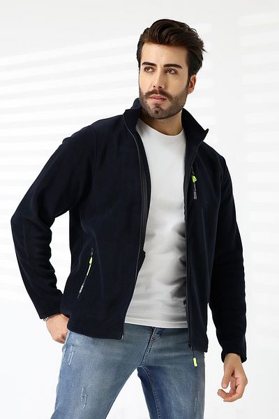 TİJA Men's Navy Blue Fleece Cardigan - Anti Pilling Non-Pilling Jacket with Zipper and Pocket