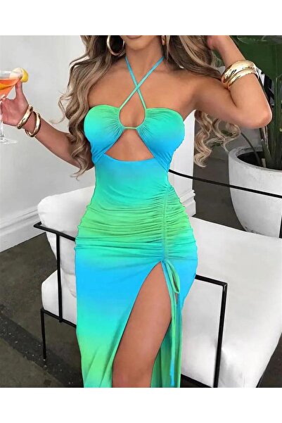 Genel Markalar Degrade Desen Derin Yırtmaçlı Göğüs Dekolteli Sandy Kumaş Midi Elbise