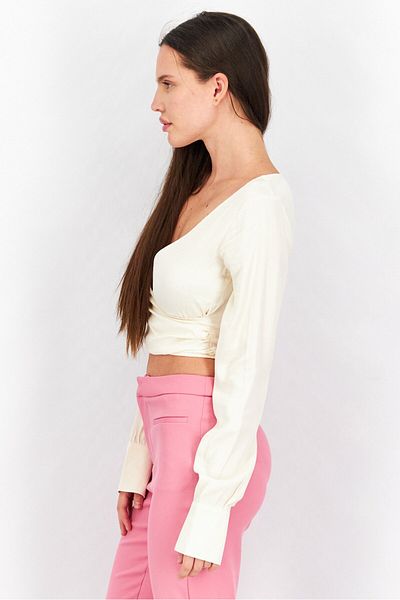 NA-KD Women Surplice Neck Long Sleeve Plain Wrapped Top, Beige