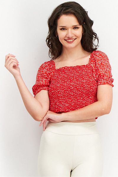 NA-KD Women Square Neck Short Sleeves Allover Print Crop Top, Red