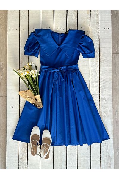 KÜÇÜĞÜM BUTİK Rochie evazată din popelin cu guler mare Saks Blue
