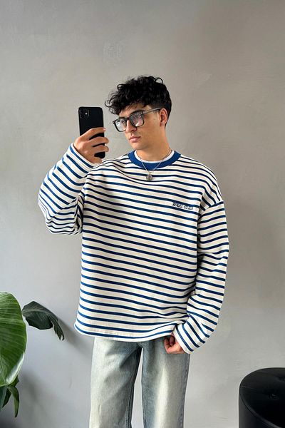 Flaw Wear Royal Club Embroidered Striped Saks Blue Sweatshirt