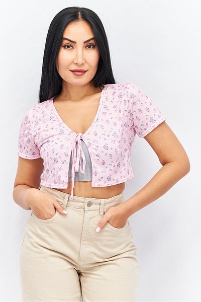 Missguided Women Tie Neck Short Sleeve Allover Printed Blouse, Pink Combo