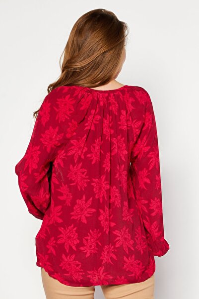 Tommy Hilfiger Women V-neck Long Sleeves Floral Print Blouse, Red Combo