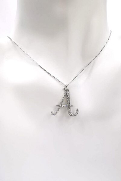 Omar Silver Kadın Büyük Boy A Harf Kolye Zirkon Taşlı Gümüş Harfli Kolye